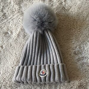 Moncler Light Gray Knit Beanie with Pom Pom